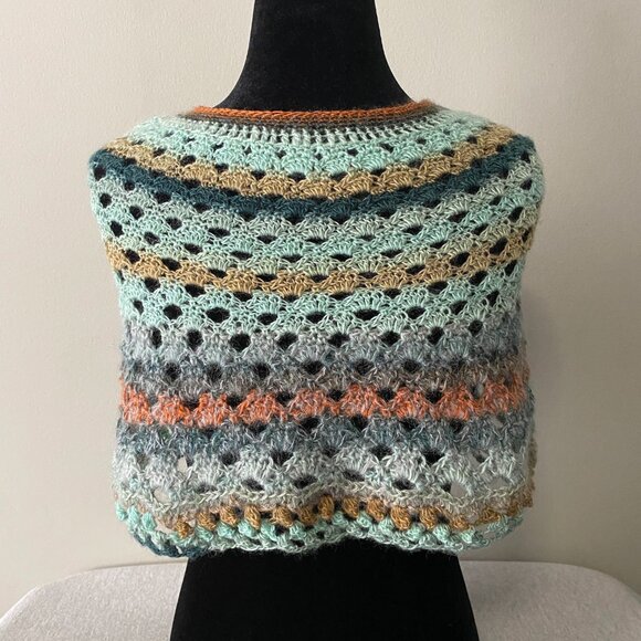 Handmade Crochet Blue Orange Multicolour Wool Angora Mohair Blend Short Capelet - Picture 5 of 6